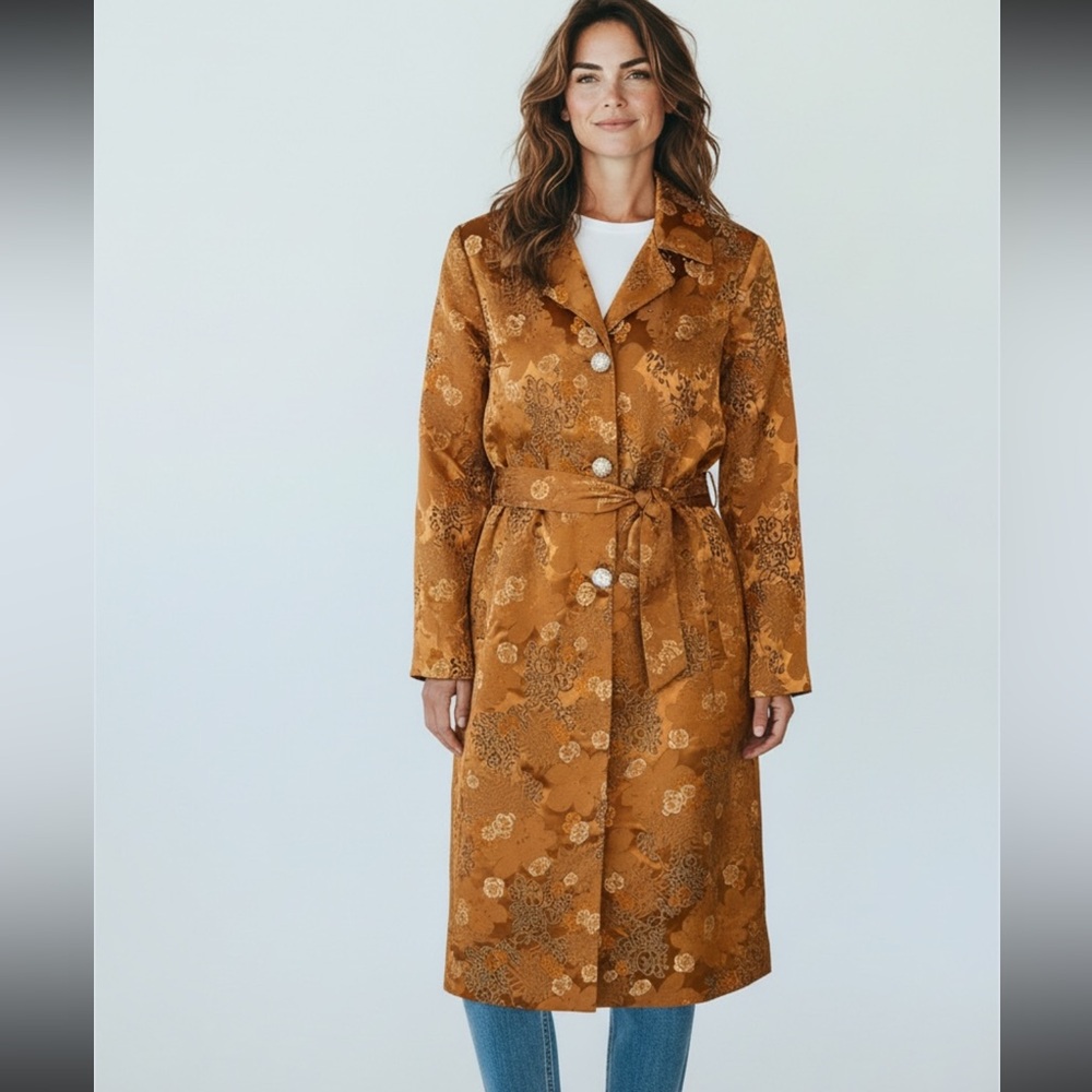 NWT WD.NY Asian Inspired Satin Trench Coat Jacket Rhinestone Button Women’s 8